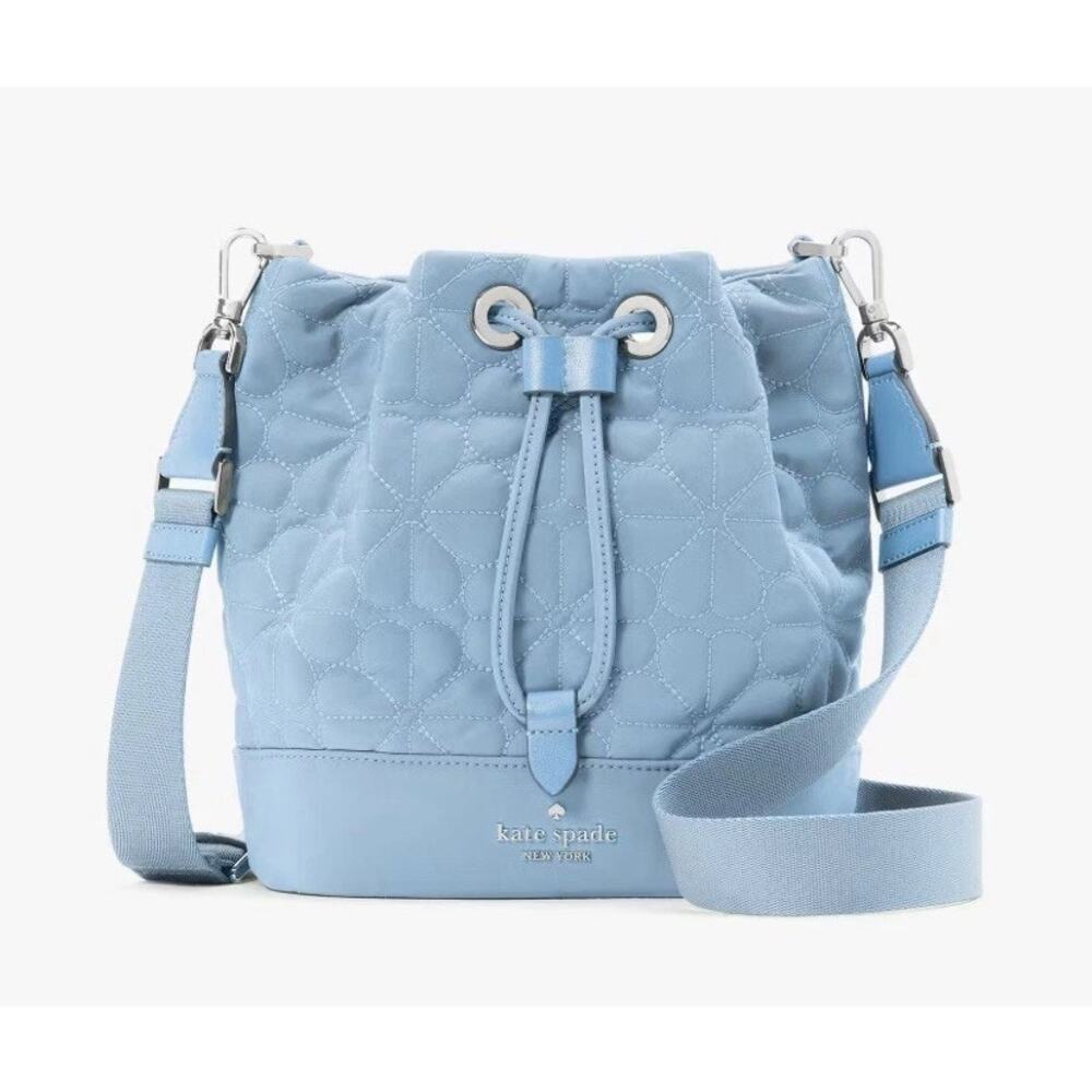 Kate Spade Spade Flower Quilted Bucket Bag Montauk Blue Crossbody EUC